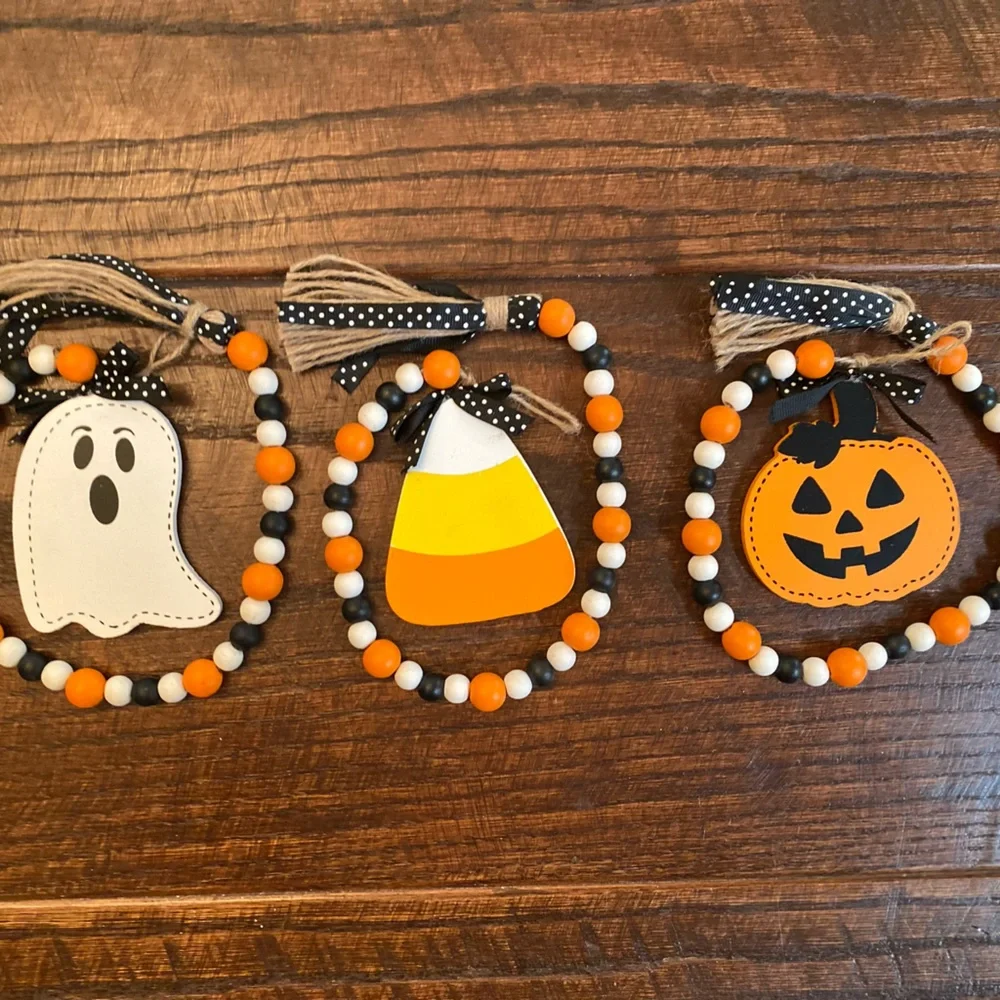 Halloween Beaded Garland Set Of 3, Candy Corn, Ghost & Jack-O-Lantern Garland